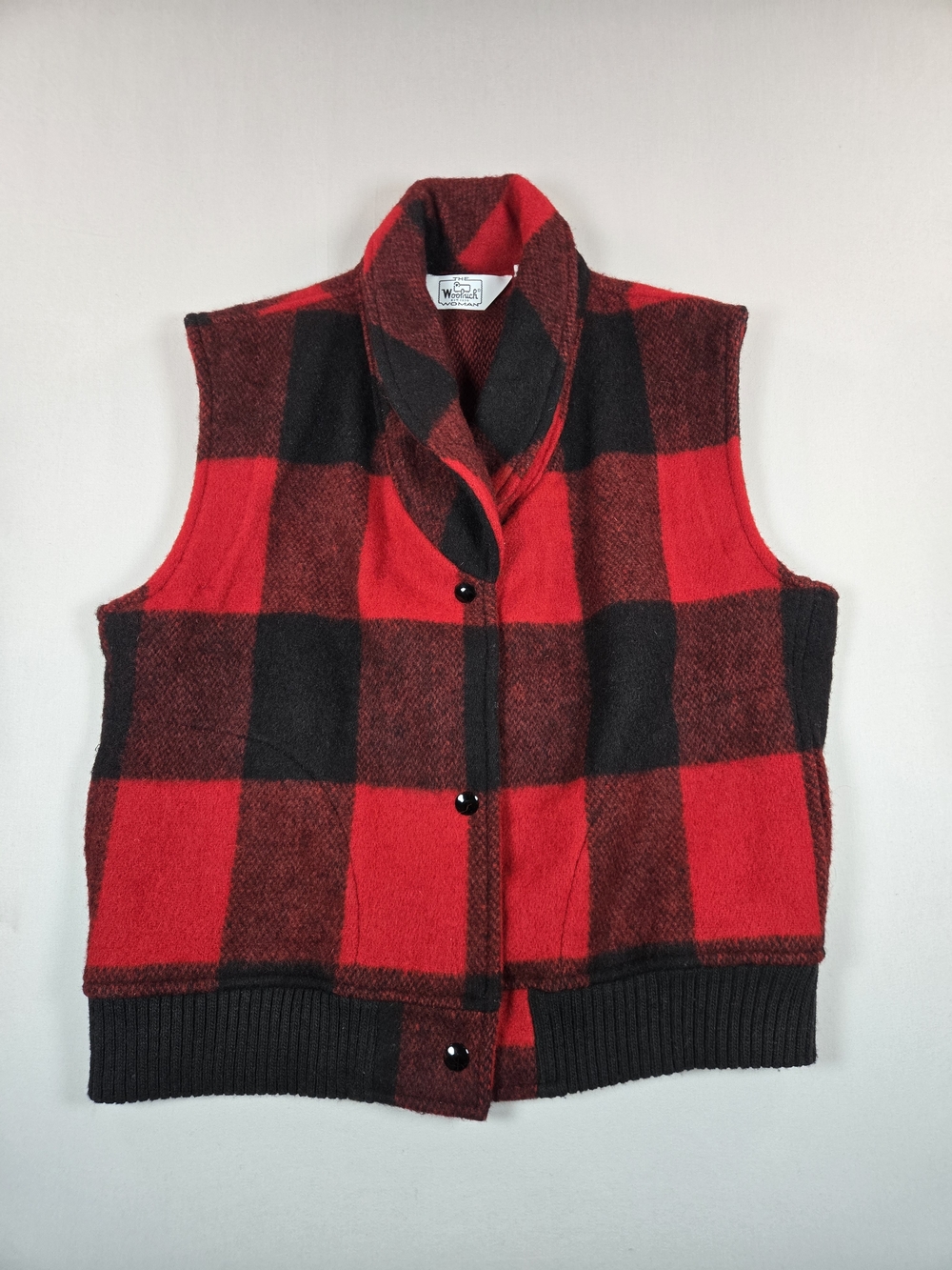 Vintage Woolrich Wool Buffalo Plaid Shawl Collar Vest Red & Black Medium